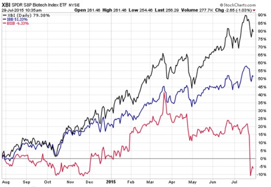 SPDR Biotech Index ETF XBI IBB and Biogen BIIB 2015-07-29_10-35-46
