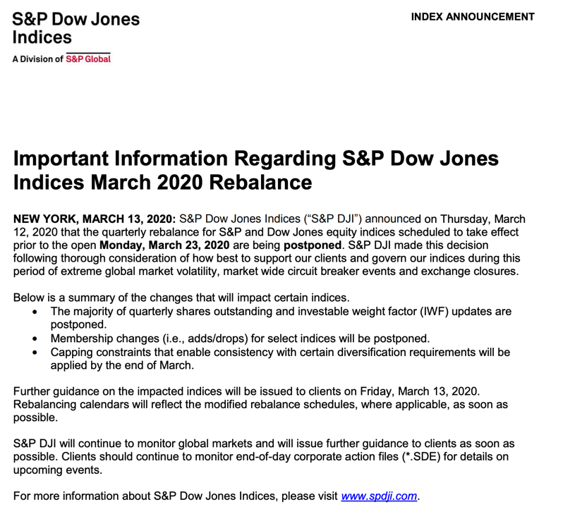S&amp;P Dow Jones Indices postpone delay index update march 2020